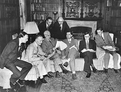 In the Study at Dumbarton Oaks. Seated (left to right): Peter Loxley; Sir Alexander Cadogan; Edward R. Stettinius, Jr.; Andrei A. Gromyko; Arkadii A. Sobolev; Valentin M. Berezhkov. Standing (left to right): James Clement Dunn and Leo Pavlovsky