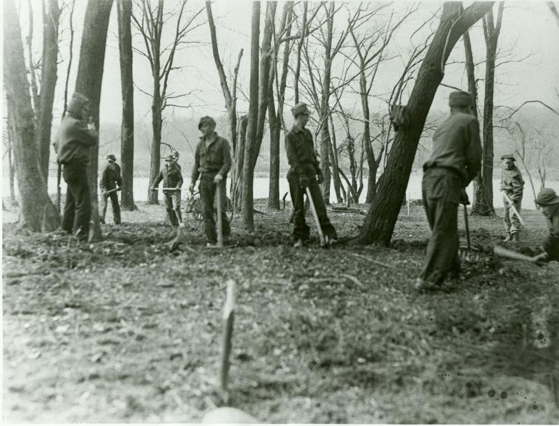 Civilian Conservation Corps Enrollees, who lived at Camp Hunt, a model camp, during work on Theodore Roosevelt Island (image from the National Park Service)