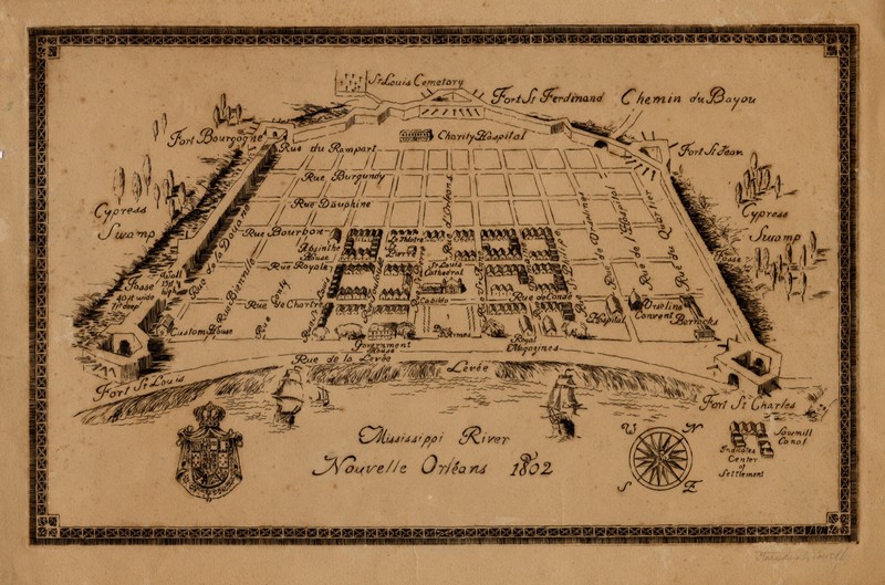 1802 map of New Orleans. The Old Absinthe House can be seen in the center left of map (between Rue Royal and Rue Bourbon). Courtesy of the Louisiana State Museum.