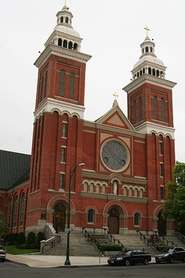 The cathedral features stained glass imported from Bavaria, a Kimball organ, and two towers which stand 164 feet above street level. 