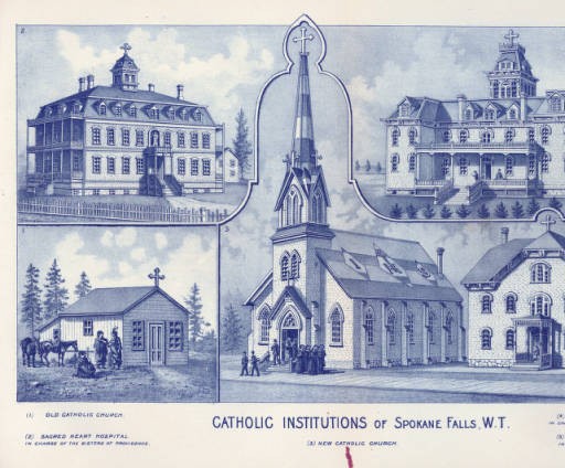 This 1889 image from the Washington State University Library features two buildings that preceded the current church, the parish school, and an early image of Gonzaga College. 