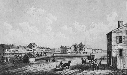 Chatham Square in 1812, lithograph by George Hayward, (image from D.T. Valentine's manual 1864, digital scan: NYPL MMPCO)