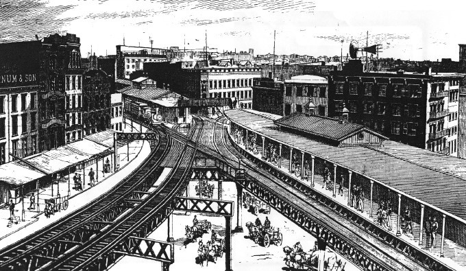 From the Daily Graphic, March 5, 1880. Second Ave. platform on the route to South Ferry on right. Third Ave. downtown train is departing and about to turn into the City Hall Branch. (image from http://www.columbia.edu/~brennan/beach/chapter19.html)