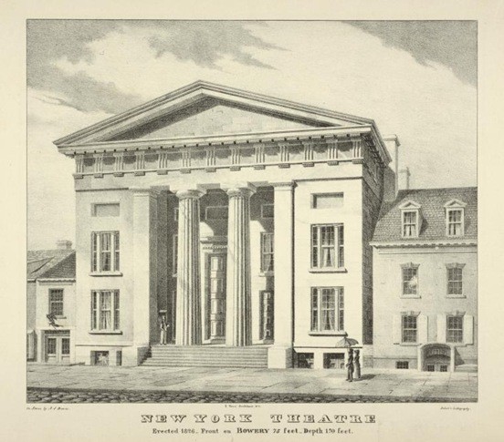 The New York Theatre in 1826, designed by architect Ithiel Town (image from Manhattan Unlocked)