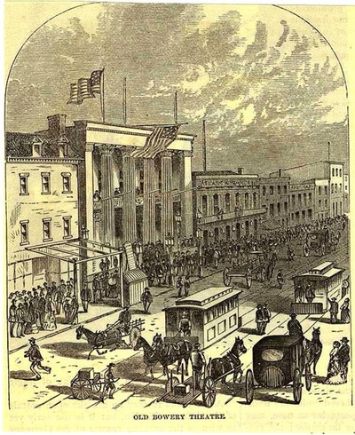 The Bowery Theatre depicted in Harpers Monthly magazine, 1871 (image from Manhattan Unlocked)