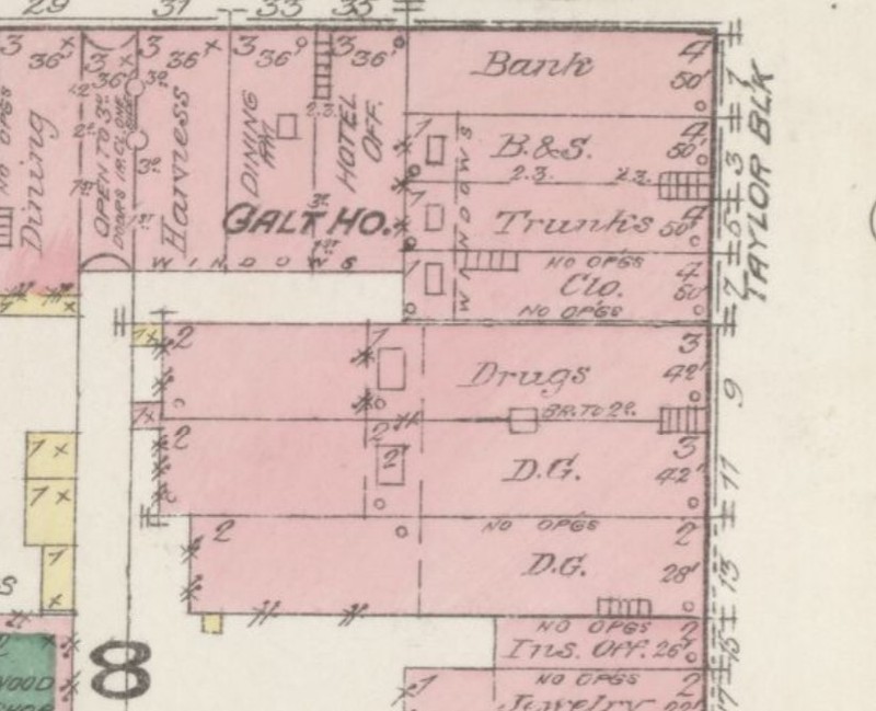 Dry goods store ("D.G.") at Wells Yeager Bates building in 1885 (#13 S Third St., Sanborn Map Company p. 2)