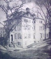 The Sabin Tavern c1880. The room where the Gaspee Raiders met can be seen behind the tree on the right side of the picture. The octagonal end of the room, while not original, marks its location. (image from Providence Public Library Collection)