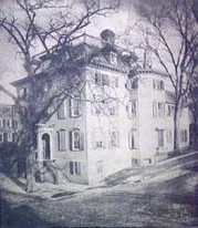 The Sabin Tavern c1880. The room where the Gaspee Raiders met can be seen behind the tree on the right side of the picture. The octagonal end of the room, while not original, marks its location.  (image from Providence Public Library Collection)