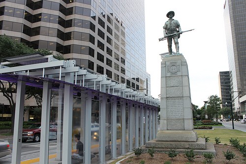 Designed with a statue depicting an American "doughboy" soldier, the city of New Orleans dedicated this Spanish American War Memorial in 1939. 