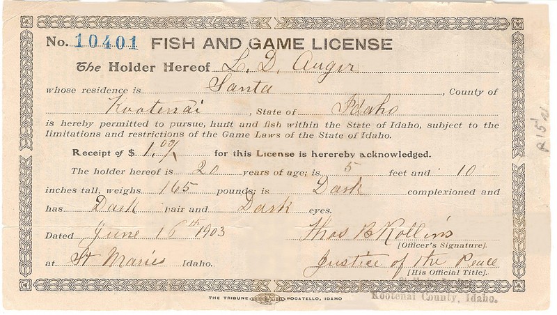 Example fish and game licence issued by the department in 1903 (www.fishandgame.idaho.gov)