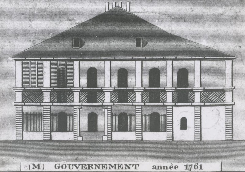 Late 18th sketch of building when it served as the French Government House. Courtesy of the Louisiana State Museum