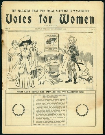 The national suffragist publication Votes for Women celebrates the victory in Washington, which appears hear as a newborn joining the "family" of other states that had approved equal suffrage.