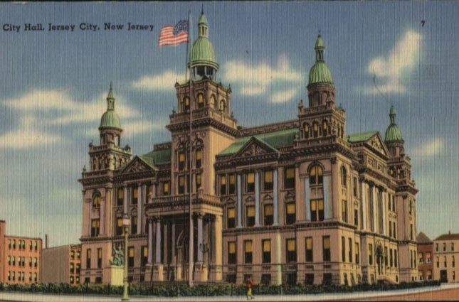 Historic postcard of City Hall circa 1940 from the Jersey City Free Public Library
