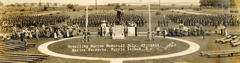 Dedication of the statue, 1924. The statue was moved from this former drill field and now stands in front of the headquarters building.