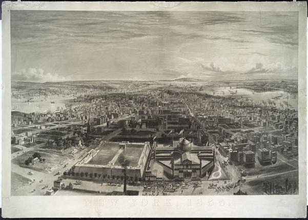 Aerial view from Latting Observatory of Croton Reservoir and the Crystal Palace, on the grounds that would become the NYPL and Bryant Park (image from Bryant Park website)