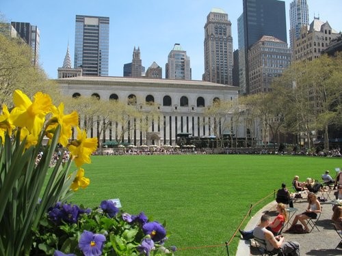 Spring in Bryant Park, facing the New York Public Library (image from Bryant Park's official blog)