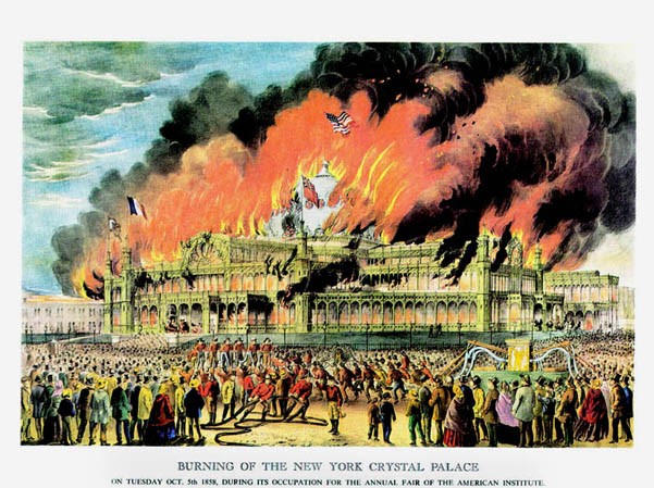 Destruction of the Crystal Palace by fire, 1858 (image from Bryant Park official website)