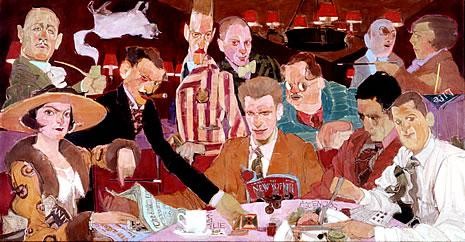 A Vicious Circle by Natalie Ascencios. Left to right: (back) Robert Benchley, Franklin Pierce Adams, Robert Sherwood, Harpo Marx, Alexander Woolcott, Marc Connelly, Edna Ferber, (front) Dorothy Parker, Harold Ross, George S. Kaufman, Heywood Broun