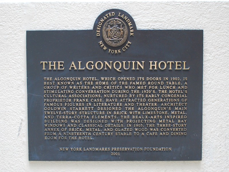 Algonquin Hotel historic marker (image from Historic Markers Database)