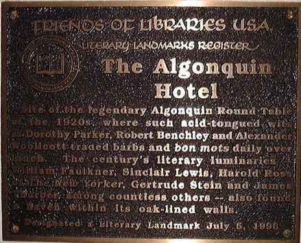 Literary Landmark marker on the Algonquin (image from Dorothy Parker Society)