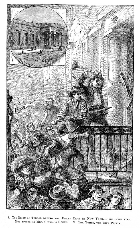 A contemporary illustration that appeared in a local New York paper shows the mob attacking the Gibbons Home