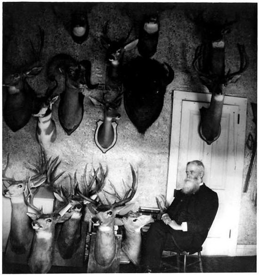 Edwin Carter in his log cabin, circa 1875