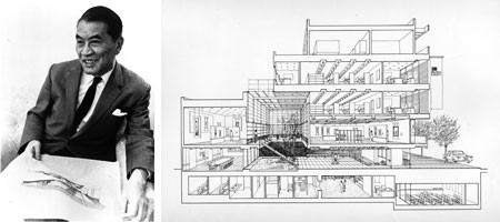 Architect Junzo Yoshimura with one of his drawings for Japan House, 1970 or 1969 (image Copyright © Japan Society)