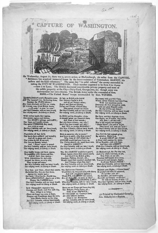 "Baltimore has acquired immortal honor by the brave resistance of Commodore Barney." 1814 leaflet regarding the capture of Washington and the bravery of Baltimore. (Source: Library of Congress)