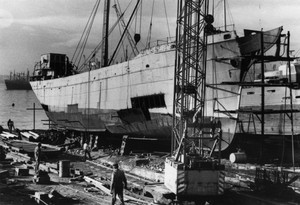 Elissa shortly after being saved by the Galveston Historical Foundation, here she sits in during her initial restoration. 