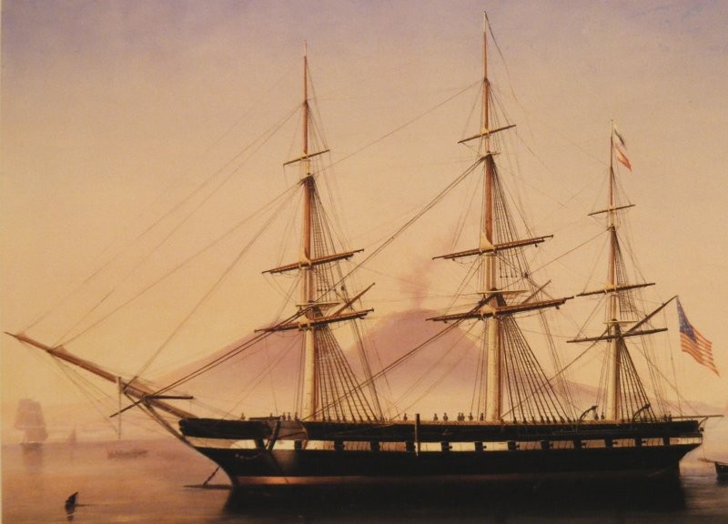 The USS Constellation docked outside of Naples, Italy, in 1856. Painting by DeSimone.