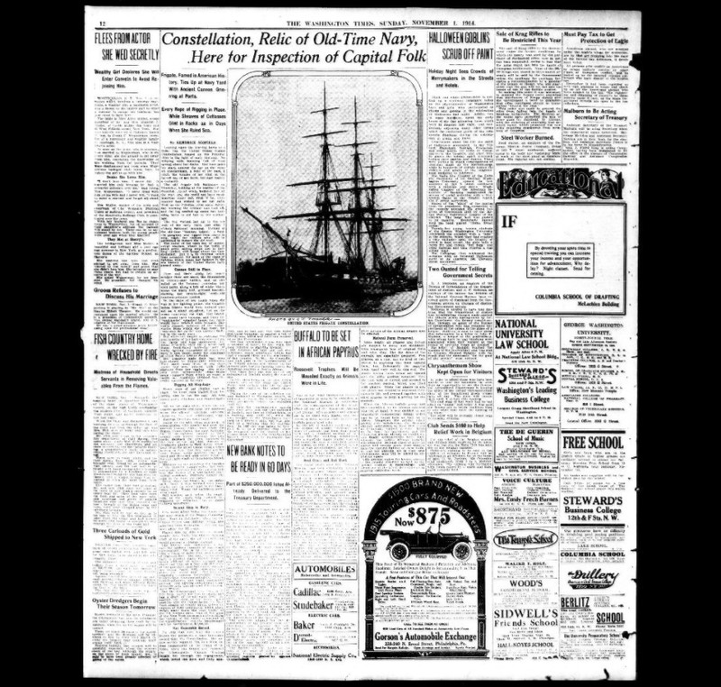 "Constellation, Relic of Old-Time Navy, Here for Inspection of Capital Folk," published in Washington Times, November 01, 1914