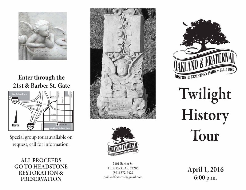 Brochure for the Twilight History Tour on April 1, 2016, page one.  Courtesy of Oaklawn & Fraternal Historic cemetery park.