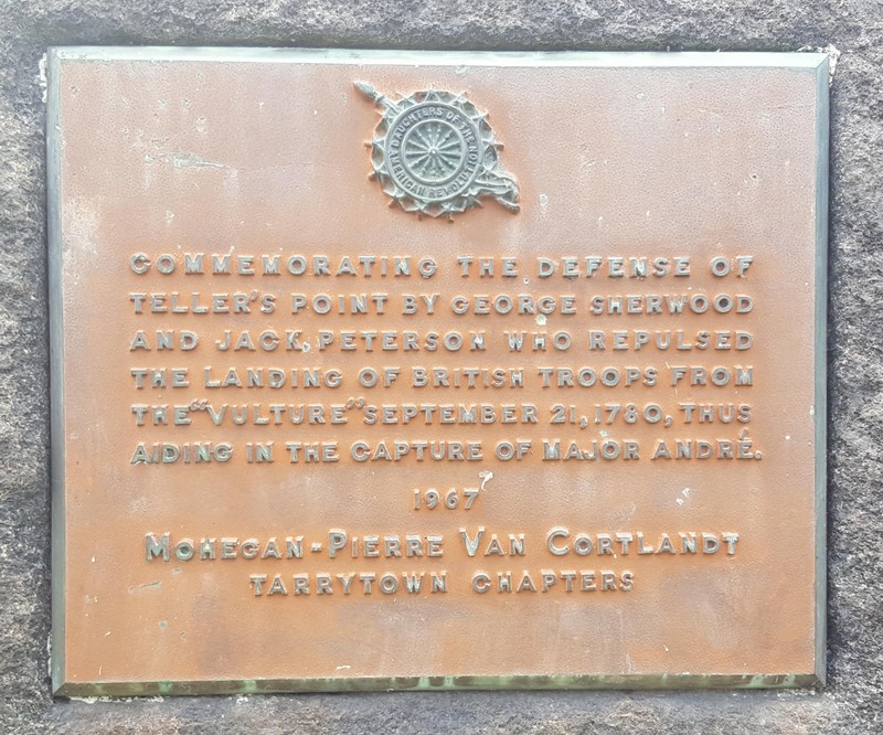 Plaque on the Jack Peterson Memorial at Croton Point Park. The plaque mistakenly lists Moses Sherwood as George Sherwood.