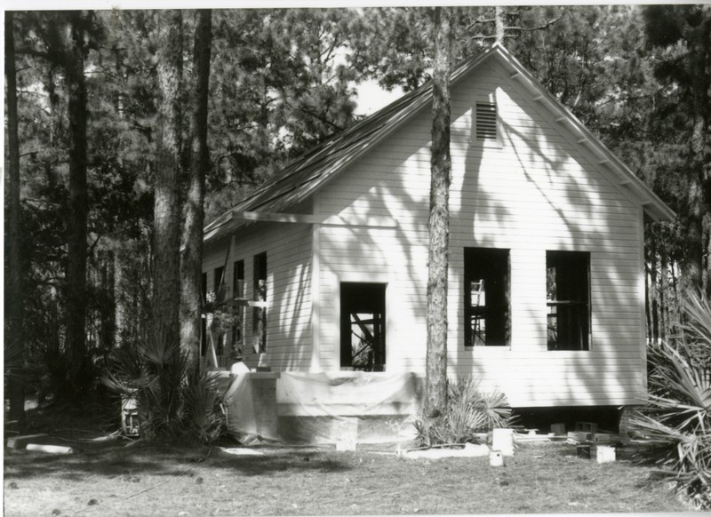 Reproduction of the Harris School under construction at Heritage Village, Largo, Florida, 1987.