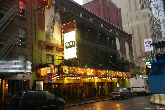 The Nederlander Theatre facade during its nearly 12-year run of Rent (image from Paul Clay Design)