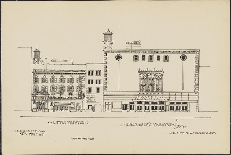 Elevation of Erlanger's Theatre (on right) with the Little Theatre pictured to the left (see The Clio entry for Helen Hayes Theatre) (image from the Museum of the City of New York)