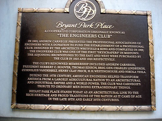 Commemorative plaque for Nikola Tesla on the Bryant Park Place (Engineers' Club) building (image from Tesla Memorial Society of New York)