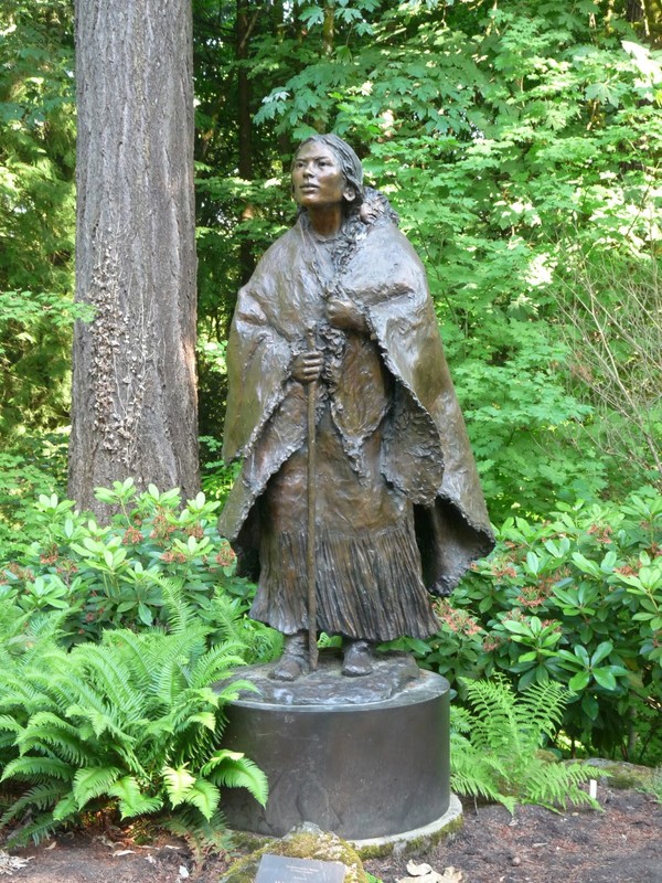 The Sacagawea and Jean Baptiste bronze that stands on the Lewis and Clark College campus. It was created by Glenna Goodacre, who also designed the gold Sacagawea coin. It was dedicated in 2004.