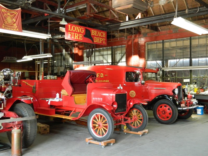 Fire fighting vehicles on display within the museum.