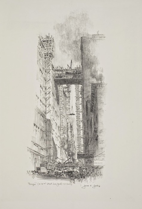 Sketch from 1927 by Gerald K Geerlings, showing the construction of the Gimbels skybridge (www.boweryboyshistory.com)