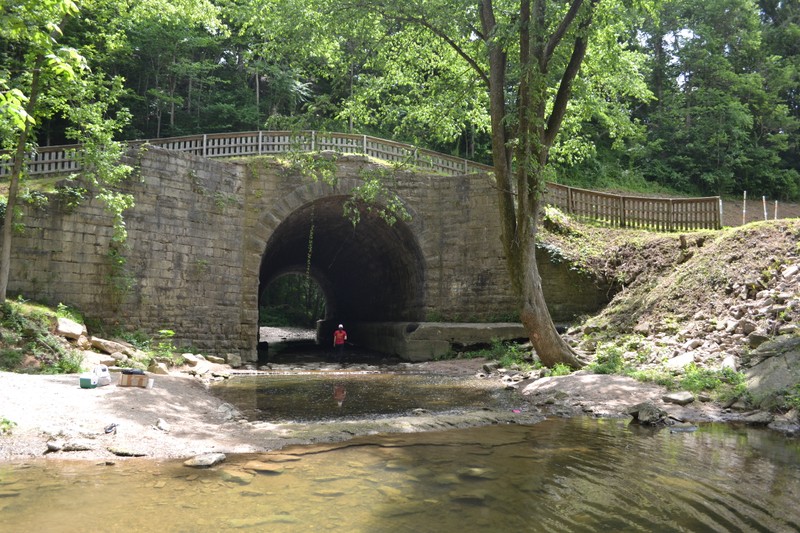 The stone arch culvert over Crooked Creek as it appears today.   The railroad built this culvert in 1863 after the original culvert washed away in 1844.