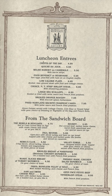 Page from a Rebels and Redcoats menu