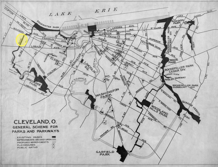 Cleveland Parks and Boulevards Plan 1890-1910. The West Boulevard Allotment is highlighted. West Boulevard as a whole is much longer than this one subdivision. In the north, it stretches to Edgewater Park, and it was supposed to stretch to Brookside Park in the south. The southern connection was stalled because an industrial complex was in the path of the boulevard. 
