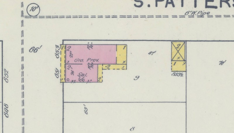 Bierstaedt Grocery building on 1892 Sanborn map; red=brick; yellow=wood (p. 3)