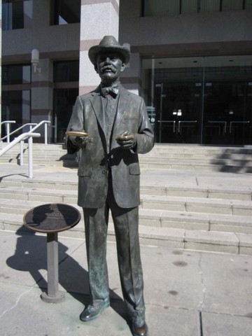 This statue of historian and editor Frederick Olds greets visitors in front of the museum he helped create. 