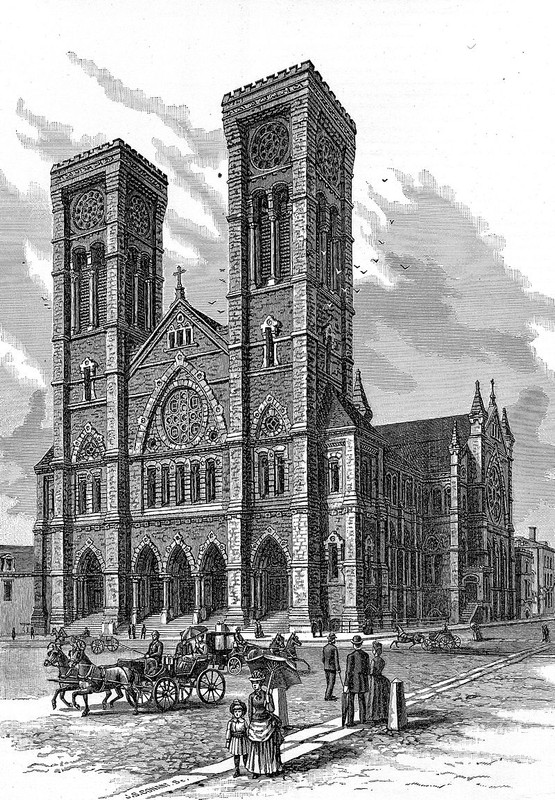 The nearly-complete cathedral at the time of Bishop Hendricken's death in 1886. 