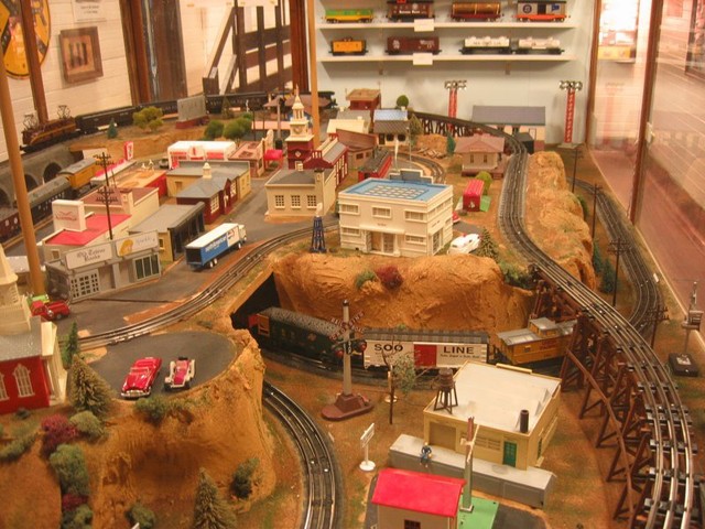 Miniature village and model train set.