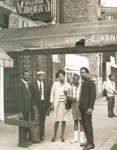 Pharoah Sanders, John Coltrane, Alice Coltrane, Jimmy Garrison, and Rashied Ali outside the Village Vanguard 