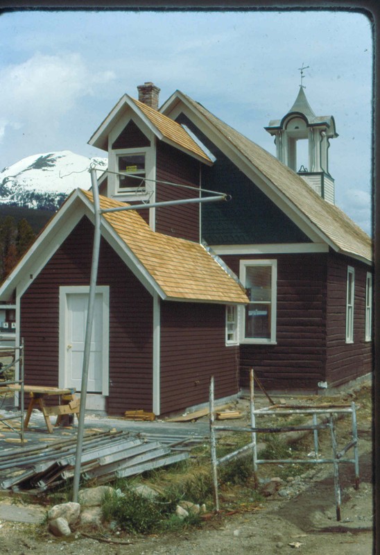 The restoration of the Schoolhouse, cicrca 1983. Note the empty cupola.