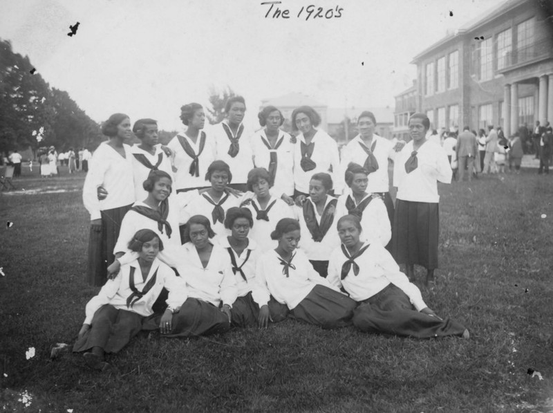 Gathering of Female Students on State Colored Normal School Campus (in front of Moore Hall), circa 1924, Credit: ECSU Archives/Digital NC